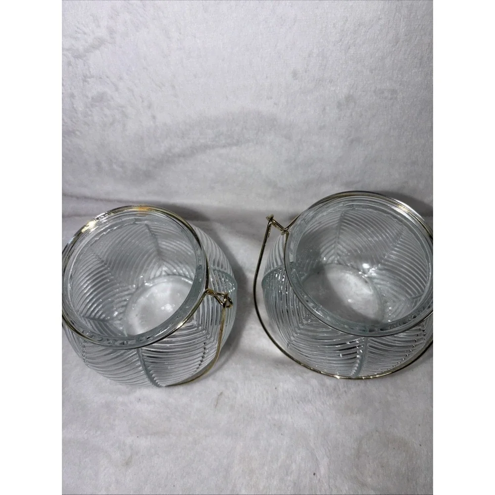 Set of 2 Clear Glass Votive Candle Holders Gold Wire Handles Leaf Texture Patio‎